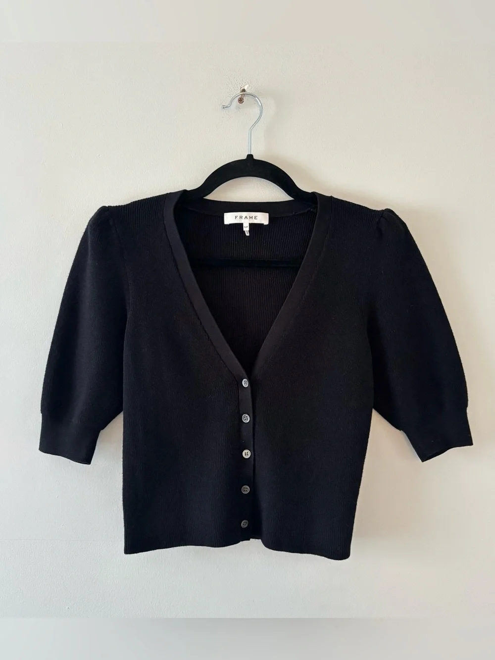 Frame Silk Blend Puff Sleeve Cardigan Sweater Short Sleeve Thick Knit Black